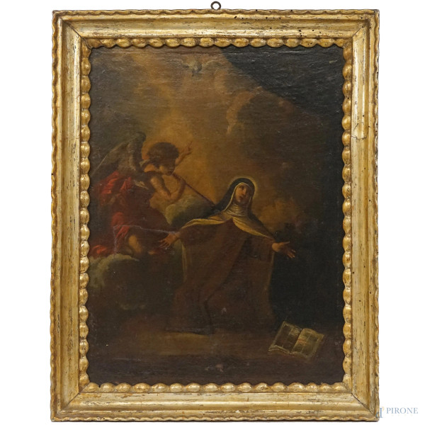 Scuola italiana del XVIII secolo, Transverberazione di Santa Teresa d'Avila, olio su tela, cm 59,5x46, entro cornice, (cadute di colore, difetti)