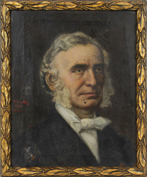 Ritratto di gentiluomo, olio su tela, cm 40x30, firmato e datato, entro cornice, (difetti alla tela).