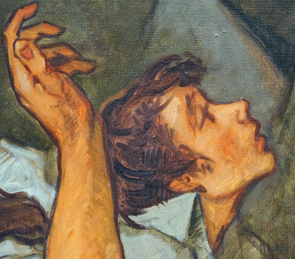 Operai, olio su tela, firmato e datato in alto a destra, cm 121.8x81.5