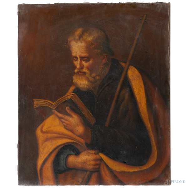 San Giuseppe, XX secolo, olio su tela, cm 60x50, (segni di usura, abrasioni, lacerazioni, difetti)
