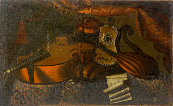 Bartolomeo Bettera - Natura morta con strumenti musicali, olio su tela, cm 71,5x117,5, entro cornice