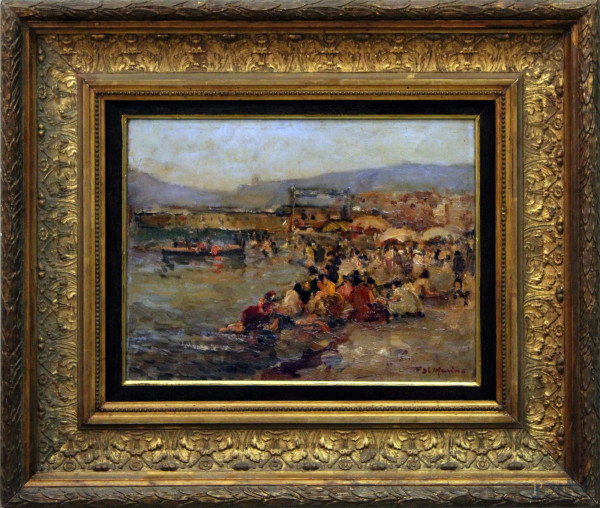 Francesco Di Marino - Spiaggia con bagnanti, olio su tavola cm 28x38 cm, entro cornice