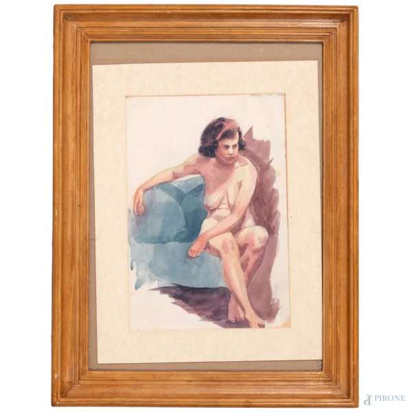 Nudo di donna, acquerello su carta, cm 32x22, datato "1930" in alto a destra, entro cornice