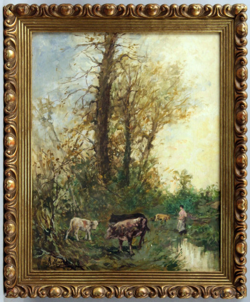 Paesaggio fluviale con pastorella e armenti, olio  su tavola, cm. 40x32, firmato, entro cornice.