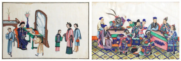 Lotto composto da due dipinti su cartariso raffiguranti soggetti diversi, XX sec., cm 20 x 30, entro cornici.