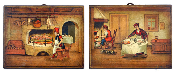 In cucina e tavola imbandita, due stampe applicate su tavola, cm 15x19, (segni del tempo).