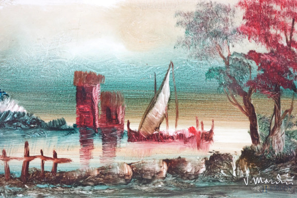 Lotto composto da una stampa acquerellata rappresentante una scena di caccia e un dipinto rappres...