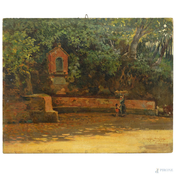 Carlo Montani - Scorcio di parco a Nemi, olio su compensato, firmato e datato C. Montani 1929, cm 40x50 (lievi cadute di colore)