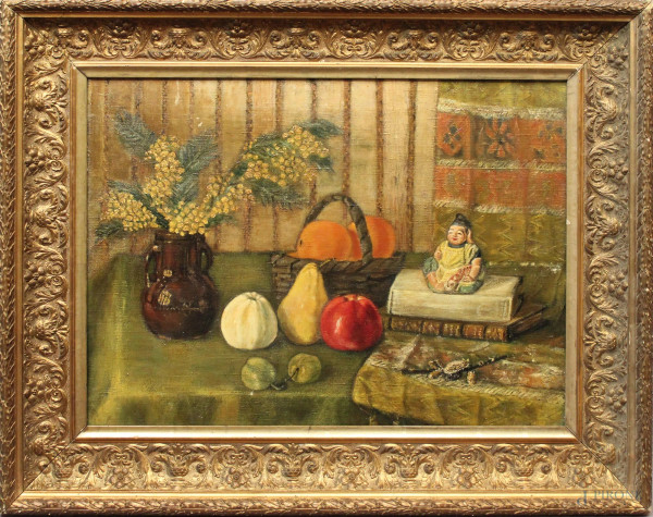Natura morta, Frutta e vasellame, olio su tela, firmato sul retro, cm 43 x 57, entro cornice.