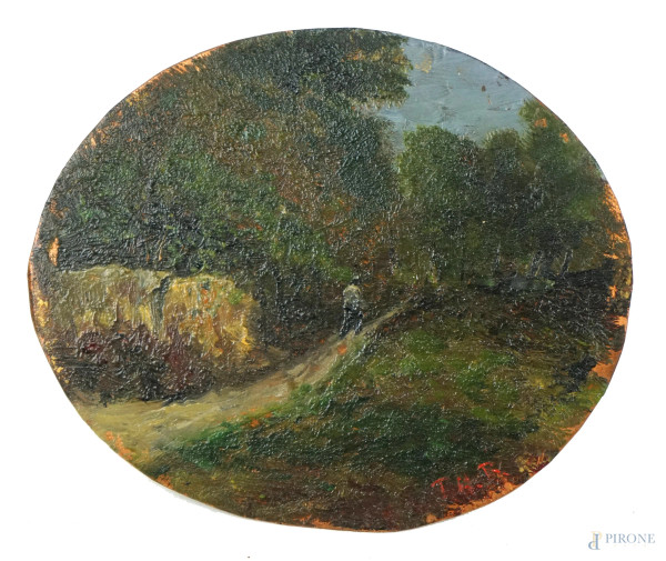 Pittore francese, fine XIX secolo, Viale con alberi e figura, olio su rame ad assetto ovale, cm 9x10,5, siglato THR, (segni del tempo).
