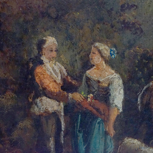 Anonimo del XIX secolo, Scena di corteggiamento entro un paesaggio, olio su tela in assetto ovale...