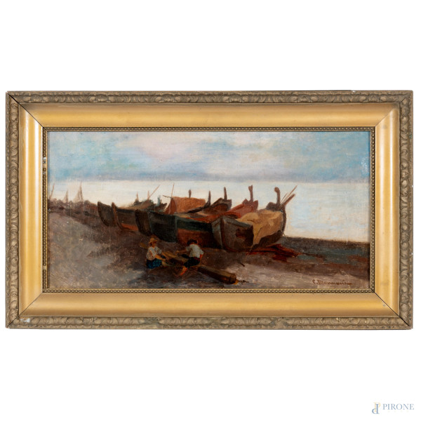 Sulla spiaggia, XIX secolo, olio su tela, cm 20,5x40, firmato in basso a destra, entro cornice (craquelure, sollevamenti di colore)