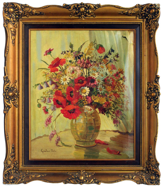 Natura morta, Vaso con fiori, olio su tela, cm 50x40, firmato, entro cornice, (difetti sulla tela).