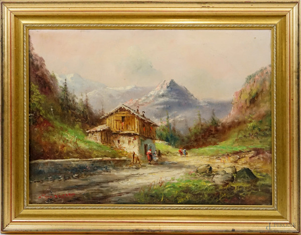 Athos Renzo Brioschi - Paesaggio montano, olio su tela, cm 50,5x70, entro cornice