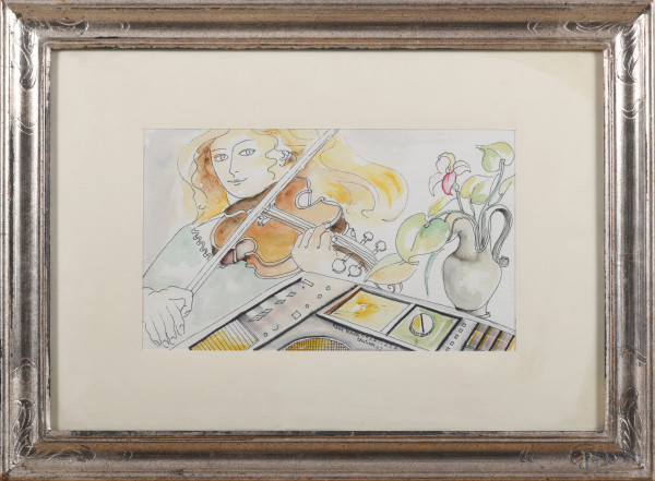 Donna con violino, tecnica mista su carta, cm 34x49 compreso passepartout, firmato e datato 