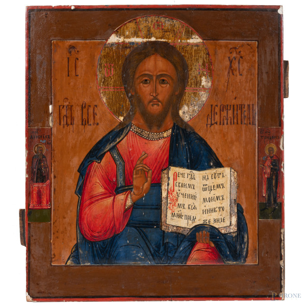 Icona raffigurante Cristo Pantocratore, XIX secolo, cm 35,5x31 (scalfiture, cadute di colore)