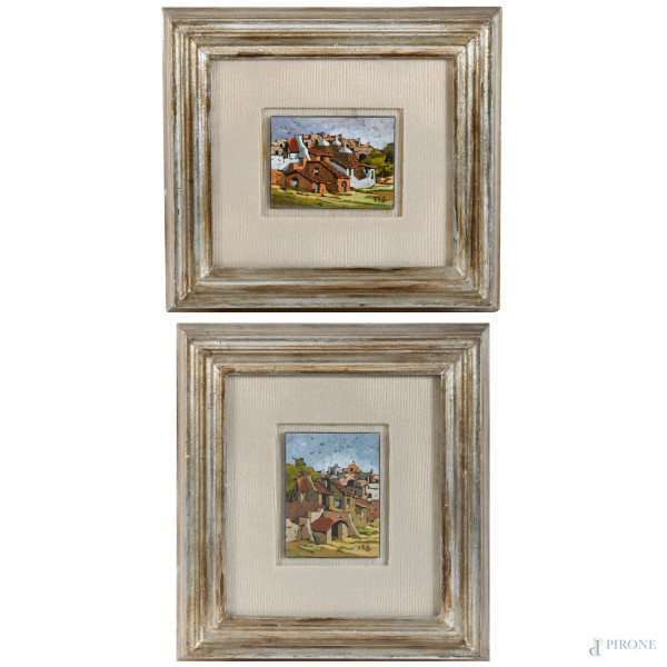 Coppia di dipinti raffiguranti scorci di paese, XX secolo, olio su compensato, misure massime cm 12x9, firmati in basso a destra, entro cornice