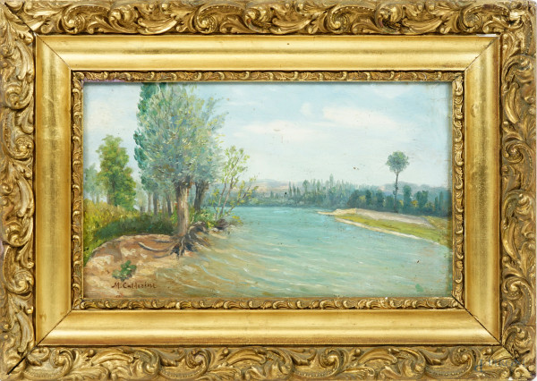 Paesaggio fluviale, olio su tavola, firmato, cm 18,5x31,5, entro cornice