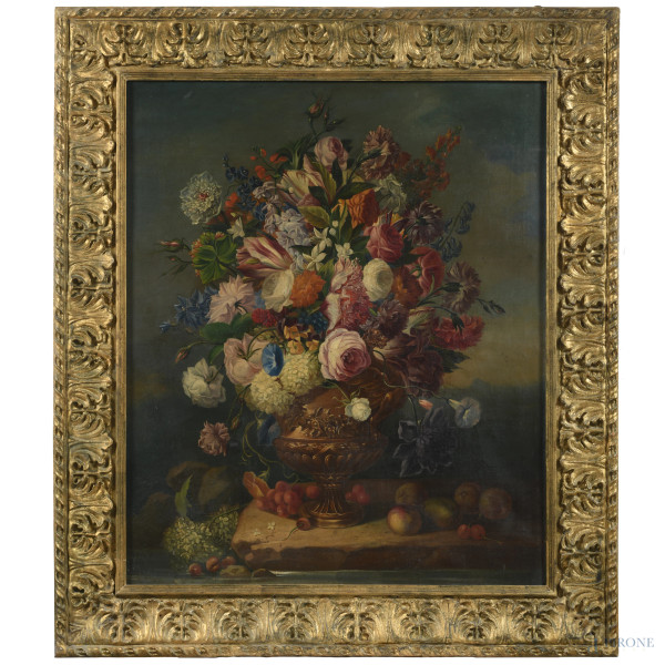 Natura morta di fiori, XX secolo, olio su tela, cm 100x84, entro cornice