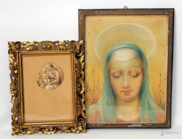 Lotto composto da due dipinti raffiguranti Madonne a tecniche miste, entro cornice.