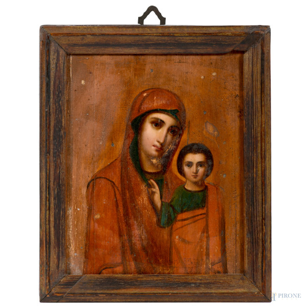 Icona raffigurante Madonna con Bambino, XX secolo, cm 20x16,5, (scalfiture, cadute di colore)