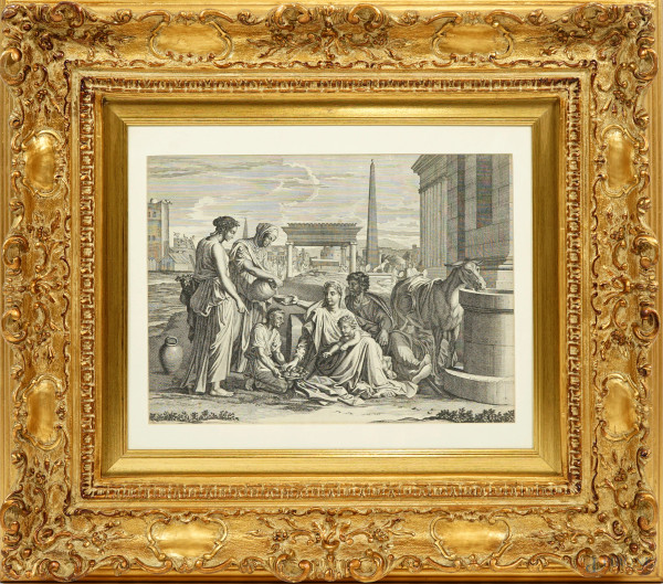 La Sacra Famiglia in Egitto, incisione da Nicolas Poussin, incisore Francois Chauveau (Parigi, 1613-1676), cm 40x50,5, entro cornice