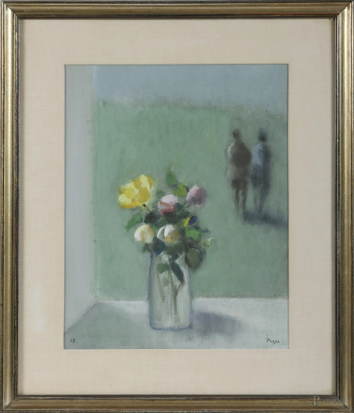 Fernando Troso (1910-1990), Vaso di fiori e figure, tecnica mista su tela, cm 49x39, firmato in basso a destra, datato 