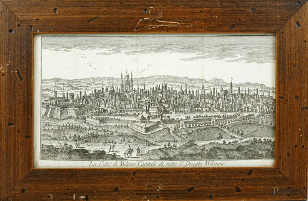 "La città di Milano Capitale di tutto il Ducato Milanese",  tratta da "Lo stato presente di tutti i paesi e popoli del mondo", incisione,  cm 19x33, XVIII secolo, (difetti sulla carta).