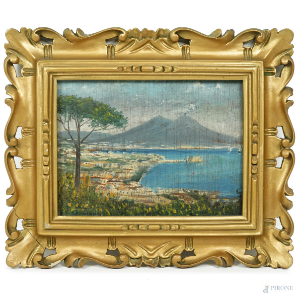 Golfo di Napoli, olio su tavola, cm 18x23, firmato, entro cornice. (Difetti)