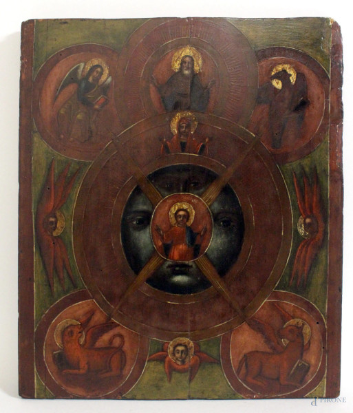 Icona russa raffigurante l&#39;Occhio Onniveggente di Dio con ai lati i quattro evangelisti, tempera su tavola, cm. 36x30,5, XIX secolo.