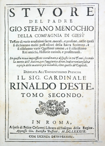 Volume "Trattamenti euditi del P.Gio.Stefano Menochio della Compagnia del Gesù",Tomo II, Roma, MDCLXXXIX, (difetti e macchie).