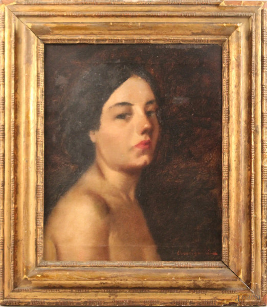 Ritratto di ragazza, olio su tela, cm. 43,5x35,5, firmato, entro cornice.