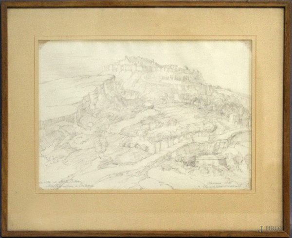 Scorcio di Olevano, disegno a matita su carta, firmato e datato, cm 22 x 31, entro cornice.