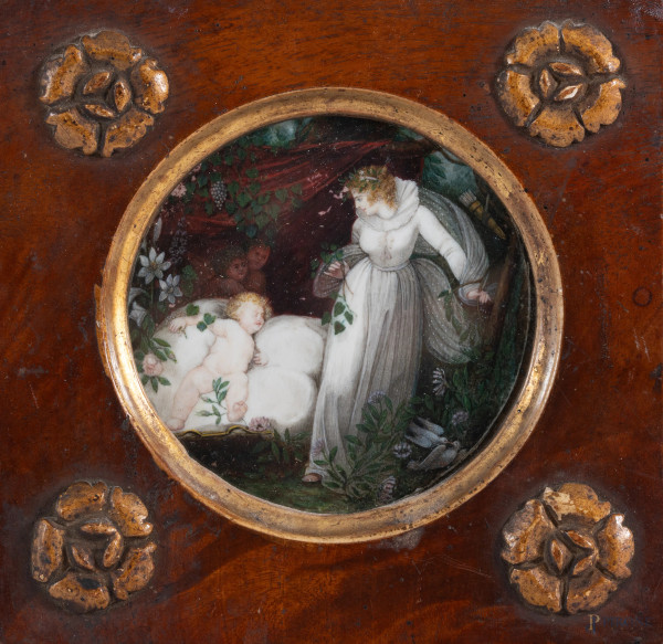 Miniatura a serto circolare raffigurante Erigone e L'Amore da Francois Boucher, XIX-XX secolo, misure  comprensive di cornice cm 14x14, (segni di usura)