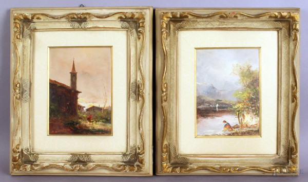 Coppia di dipinti raffiguranti paesaggio fluviale con figura e paesaggio con campanile, olio su cartone telato, cm. 19x14, firmati entro cornici.
