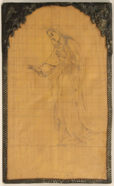 Madonna, studio preparatorio a matita su carta 42x25 cm, entro cornice in metallo sbalzato.