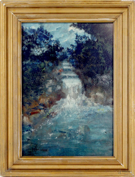 Paesaggio con cascata, olio su cartone, cm 29,5x20,5, firmato, entro cornice.