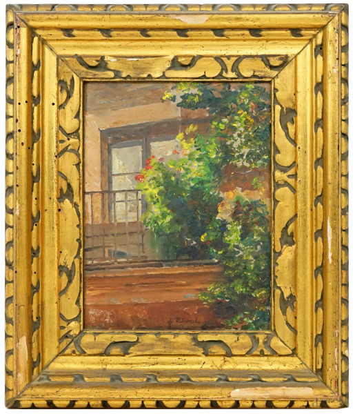 Luigi Petrassi - Balconata fiorita, olio su cartone, cm 20x14,5, entro cornice.