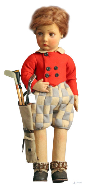 Bambola Lenci in stoffa, raffigurante fanciullo golfista, H 48 cm, ottimo stato.