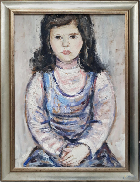 Attilio Mirabella, Ritratto di bambina, olio su compensato, cm 50x70, firmato al retro, entro cornice .