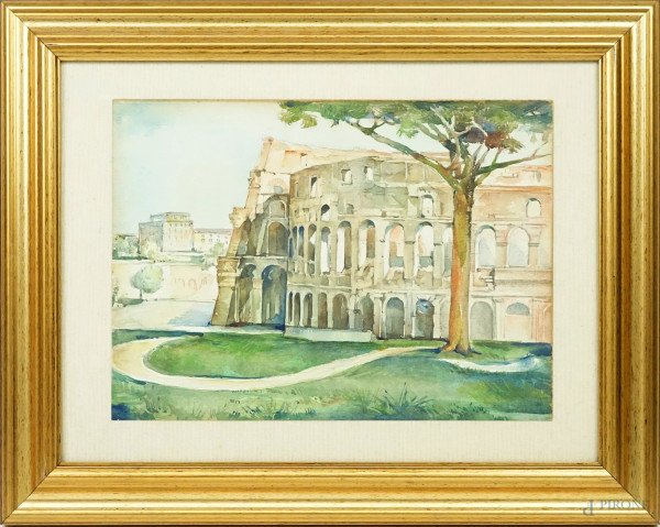 Scuola romana del XX secolo, Veduta del Colosseo, acquerello su carta, cm 22x31, entro cornice