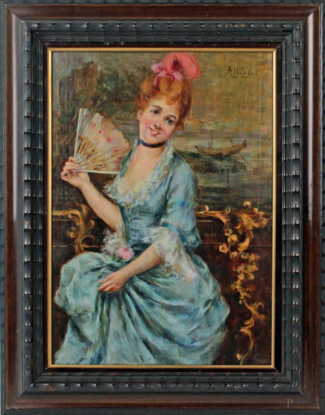 Ritratto di donna con ventaglio, olio su tavola, cm 35,5x24, firmato, entro cornice.