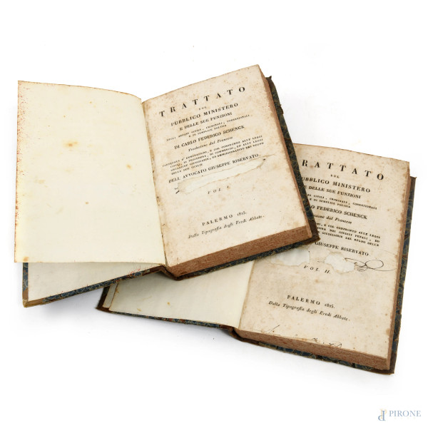 Trattato sul pubblico ministero e le sue funzioni [...] di Carlo Schenck, voll. I-II, Palermo 1825, (segni di usura, strappi, mancanze, consunzioni, difetti)