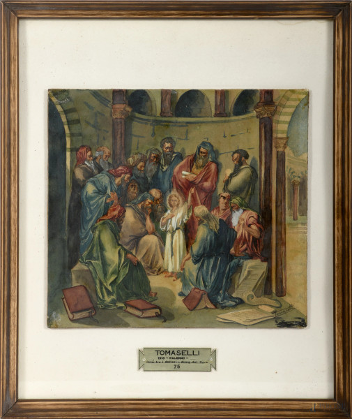 Gesù tra i dottori, acquerello su carta applicata su masonite, cm 25x27, entro cornice, firmato in basso a destra, XX secolo, (difetti)
