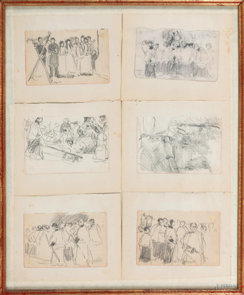 La processione, XX secolo, matita su carta applicata su carta, otto bozzetti entro unica cornice, misure complessive cm 49x40, segni di usura, foxing, tracce di umidità)
