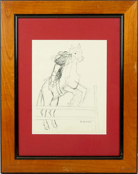 Uomo a cavallo, inchiostro su carta, cm 25x20, firmato, entro cornice.