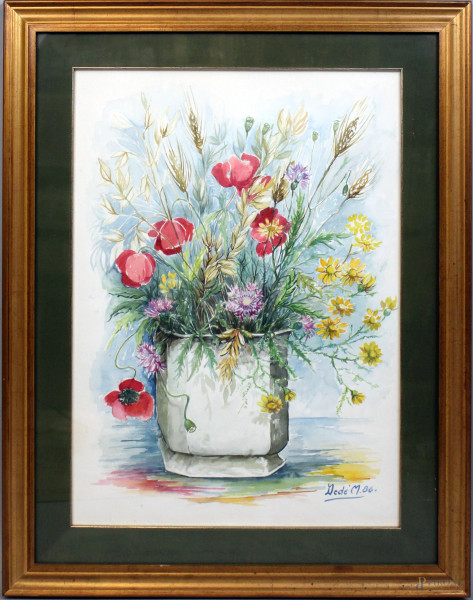Vaso con fiori, acquarello su carta, cm. 68x48, firmato, entro cornice.