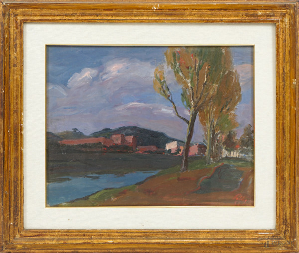 Paesaggio fluviale con case, olio su compensato, cm 40x50, firmato, entro cornice