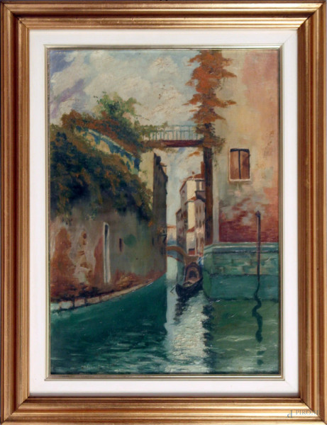 Scorcio di canale veneziano, olio su cartone telato, cm. 41x29,5, entro cornice.