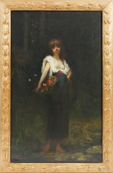 Jean-Baptiste  Schmidt - Giovane donna con fiori, olio su tela, cm 110x71, firmato in basso a sinistra e datato 1884, entro cornice